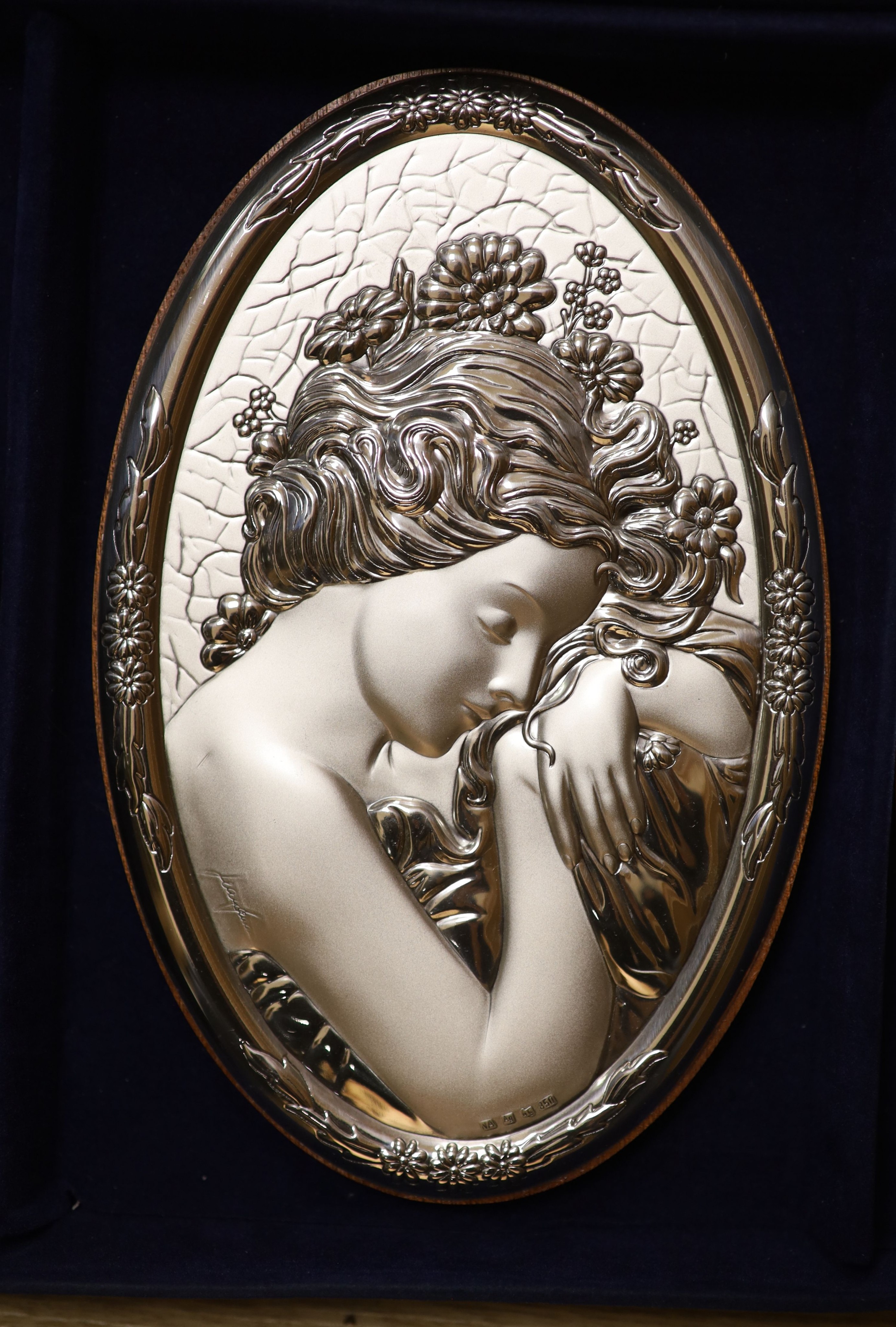 A cased set of four modern Italian repousse 850 white metal mounted 'The Four Seasons' wall plaques, 20.4cm.